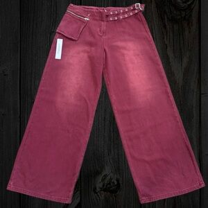 Princess Polly Paltrow Mid Rise Wide Leg Cargo Jeans Washed Burgundy.